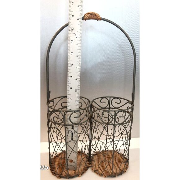Vintage Double Bottle Holder Rustic Metal & Wicker Decorative Easy Carry Wine/Wa - Picture 3 of 5
